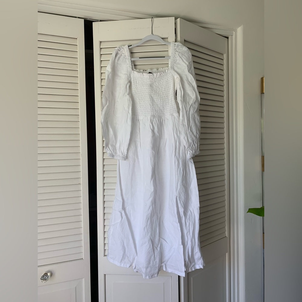 NWOT white smocked linen midi dress with square neck and side slit